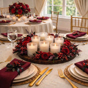 Seven lit ivory candles in Frosted Votive Holders on a wooden tray with deep red holiday roses - thumbnail number 7