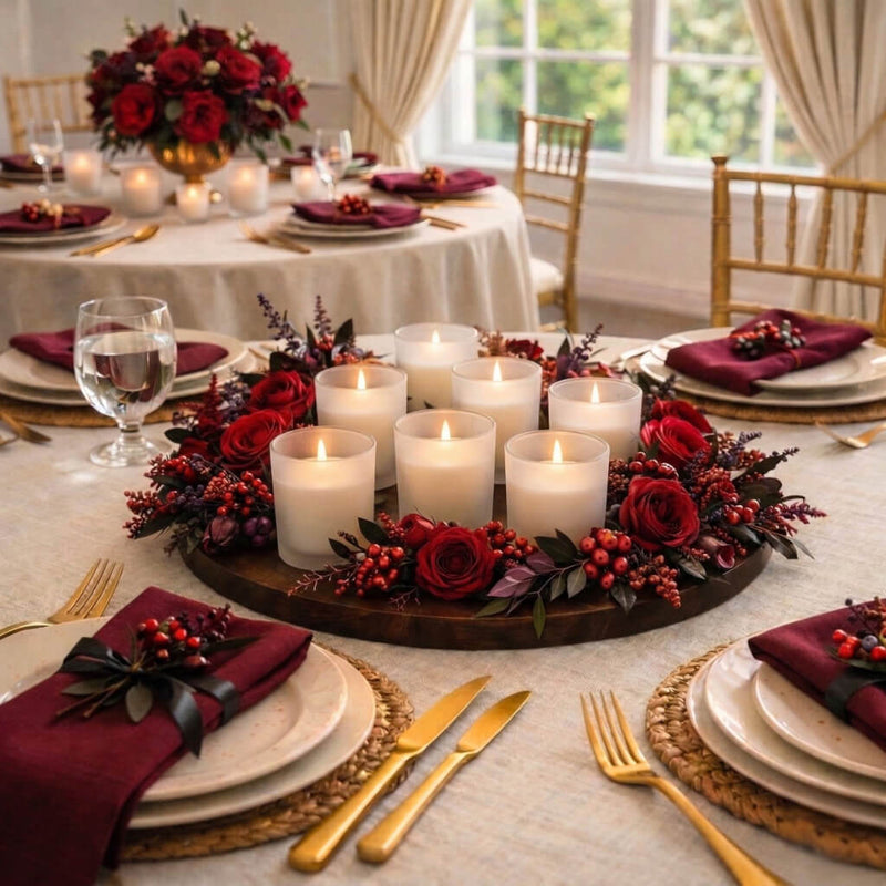 Seven lit ivory candles in Frosted Votive Holders on a wooden tray with deep red holiday roses - thumbnail number 7