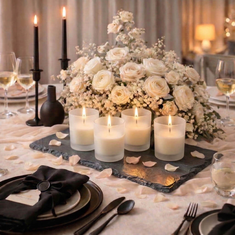 Frosted Votive Holders with ivory candles on an elegant black-tie gala dinner tablescape - thumbnail number 6