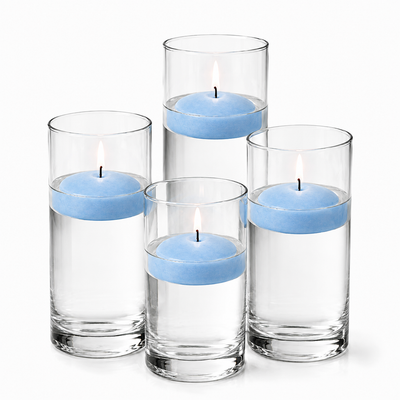 Four glass cylinders filled with water hold lit blue floating candles - thumbnail number 1