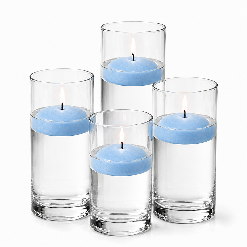 Four glass cylinders filled with water hold lit blue floating candles - thumbnail number 1
