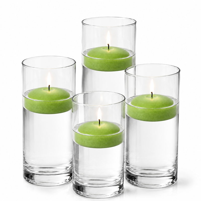 Four glass cylinders filled with water hold lit green floating candles - thumbnail number 1