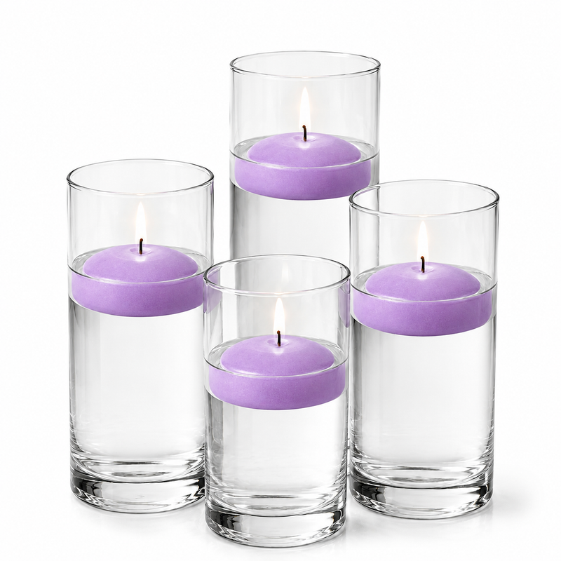 Tall glass cylinders filled with water and lit purple floating candles - thumbnail number 1