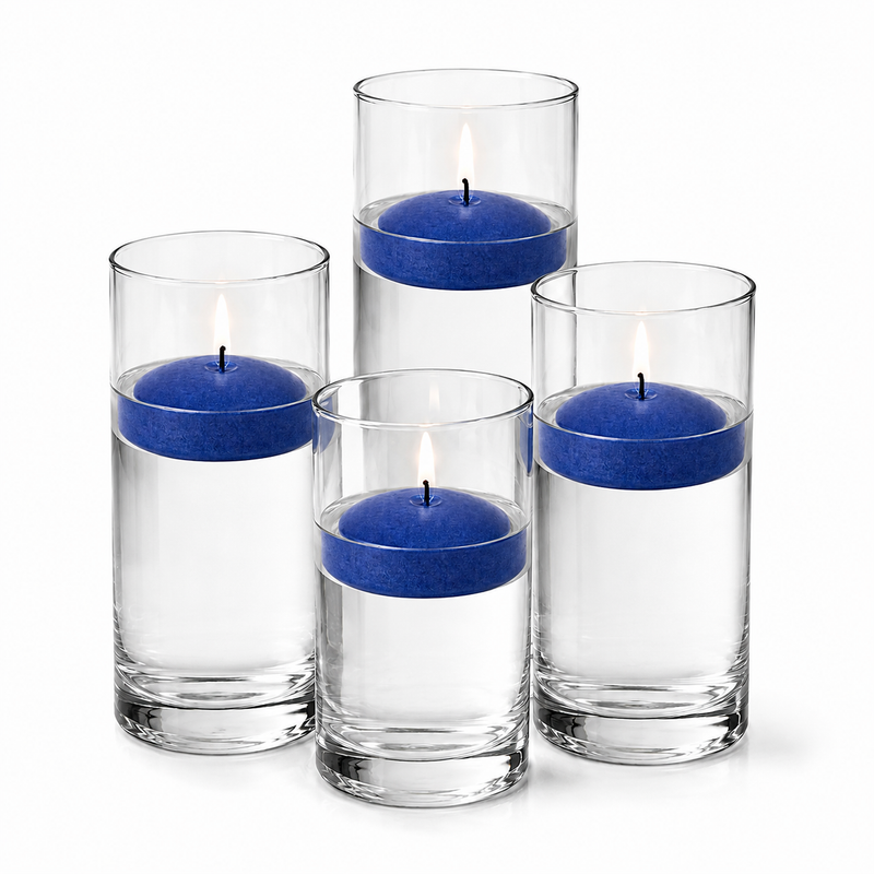 Four glass cylinders filled with water hold lit navy blue floating candles - thumbnail number 1