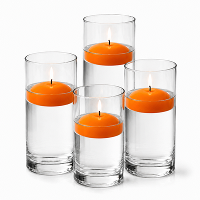 Four glass cylinders filled with water hold lit orange floating candles - thumbnail number 1