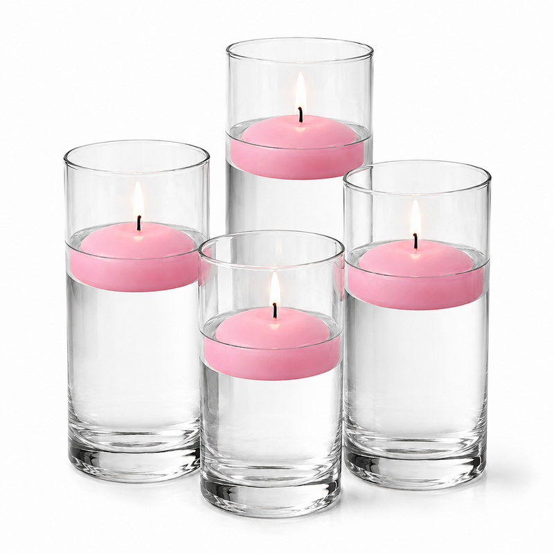 Four glass cylinders filled with water hold lit pink floating candles - thumbnail number 1
