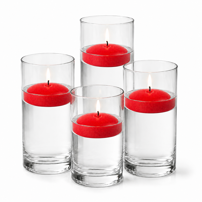 Four glass cylinders filled with water hold lit red floating candles - thumbnail number 1