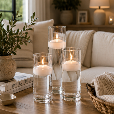 Eastland Cylinder Vase Centerpiece & Richland 3" Floating Candles Set of 3 - White - thumbnail number 5