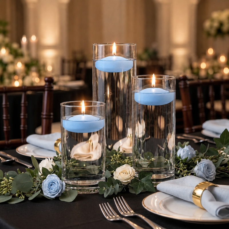 Cylinder Vase Centerpiece & Richland 3" Floating Candles Set of 18 - Light Blue - thumbnail number 4