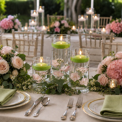 Cylinder Vase Centerpiece & Richland 3" Floating Candles Set of 36 - Green - thumbnail number 3