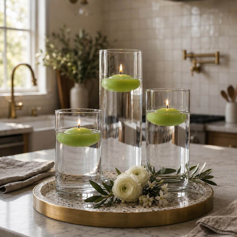 Cylinder Vase Centerpiece & Richland 3" Floating Candles Set of 36 - Green - thumbnail number 4
