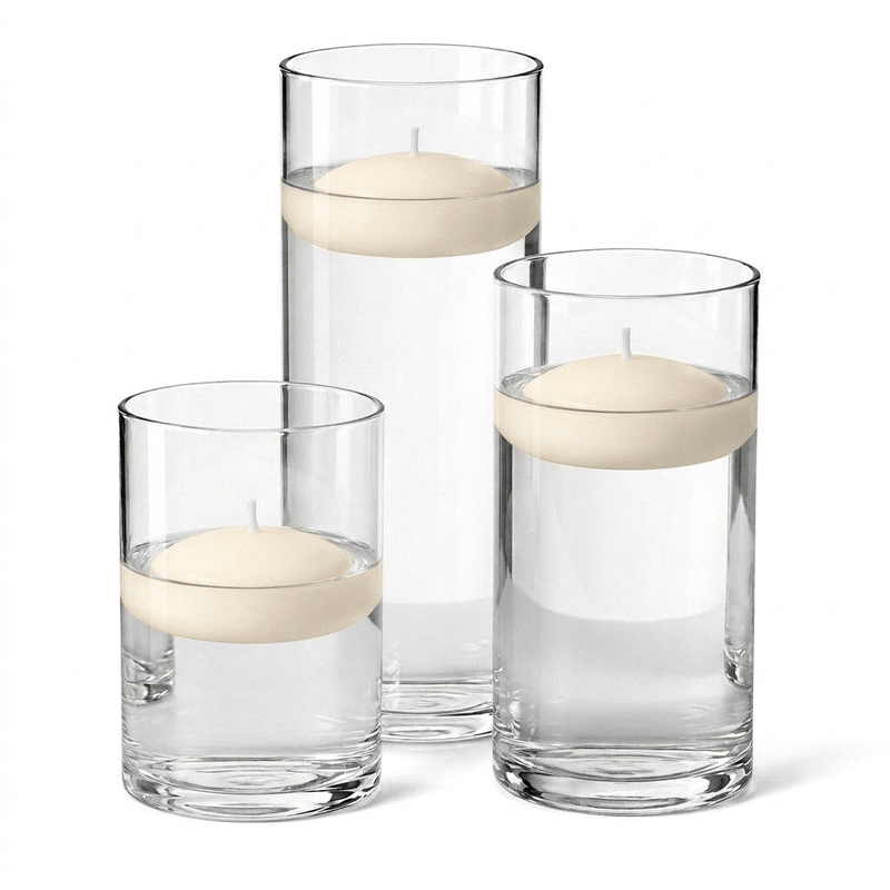 Cylinder Vase Centerpiece & Richland 3" Floating Candles Set of 18 - Light Ivory - thumbnail number 1