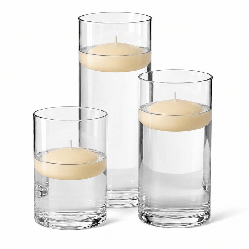 Cylinder Vase Centerpiece & Richland 3" Floating Candles Set of 36 - Ivory - thumbnail number 1