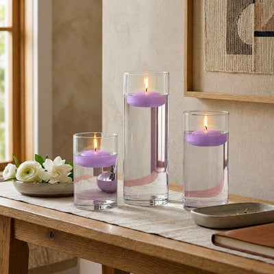 Cylinder Vase Centerpiece & Richland 3" Floating Candles Set of 18 - Lavender - thumbnail number 5