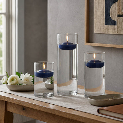 Cylinder Vase Centerpiece & Richland 3" Floating Candles Set of 18 - Navy Blue - thumbnail number 4