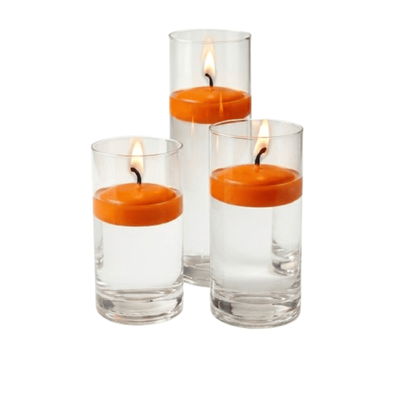 Orange floating candles burning inside water-filled glass cylinders - thumbnail number 2