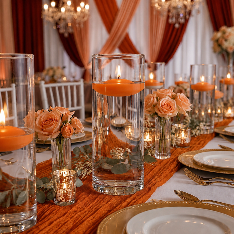 Glass cylinders with floating orange candles and peach roses on a banquet table - thumbnail number 3