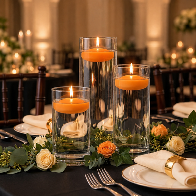 Cylinder Vase Centerpiece & Richland 3" Floating Candles Set of 36 - Orange - thumbnail number 3