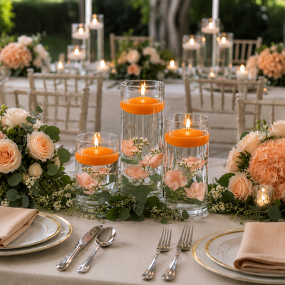 Glass cylinders with floating orange candles and peach flowers on a table - thumbnail number 5
