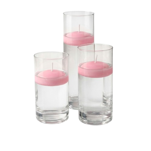 Three glass cylinders with water and pink floating candles. - thumbnail number 1