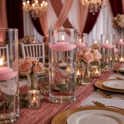 Glass cylinders with floating pink candles and roses on a banquet table - thumbnail number 3