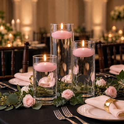 Cylinder Vase Centerpiece & Richland 3" Floating Candles Set of 18 - Pink - thumbnail number 4