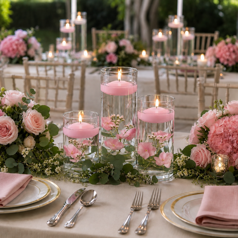 Cylinder Vase Centerpiece & Richland 3" Floating Candles Set of 18 - Pink - thumbnail number 5
