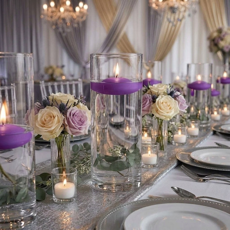 Glass cylinder vases with lit purple floating candles and roses - thumbnail number 5