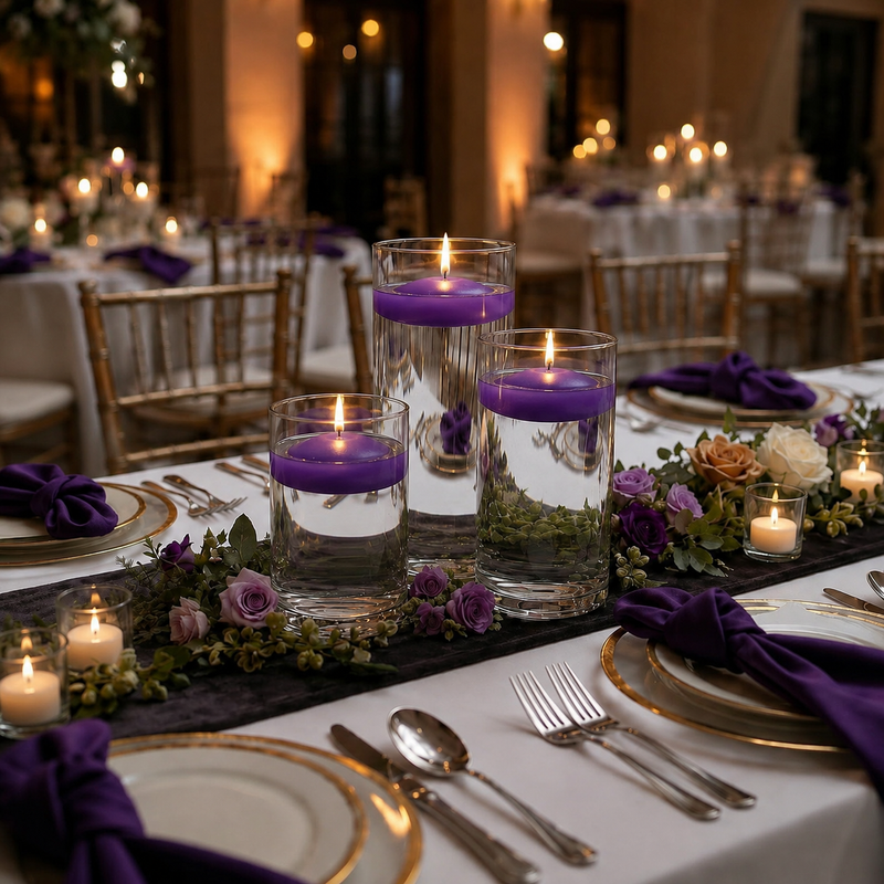 Cylinder Vase Centerpiece & Richland 3" Floating Candles Set of 36 - Purple - thumbnail number 3