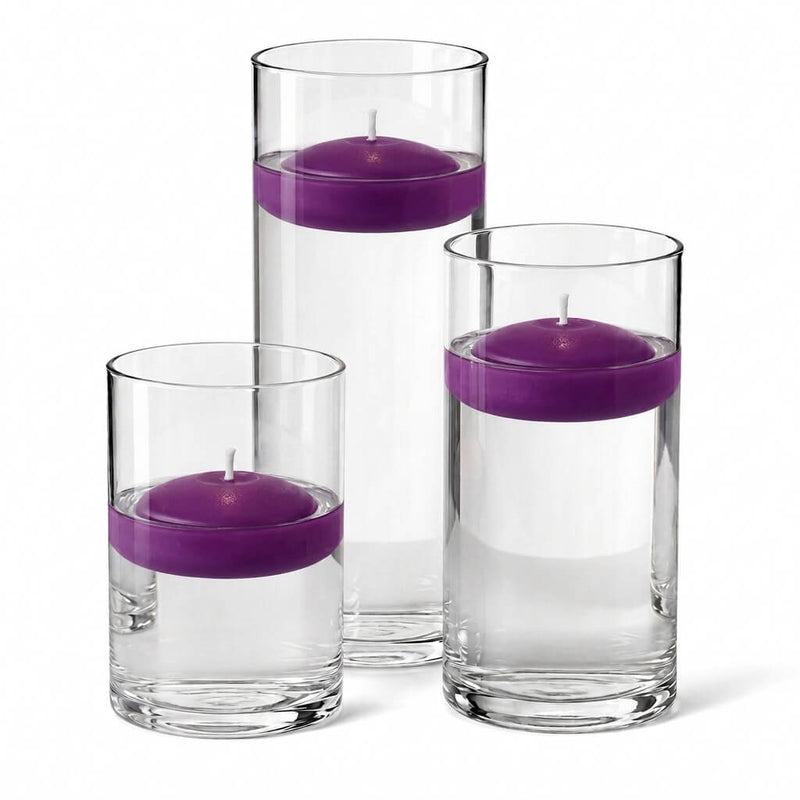 Cylinder Vase Centerpiece & Richland 3" Floating Candles Set of 36 - Purple - thumbnail number 1