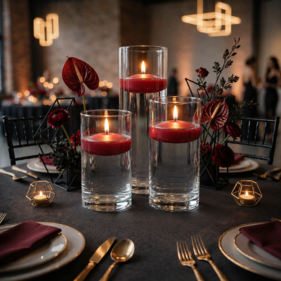 Three red floating candles in glass cylinders on a table setting - thumbnail number 4