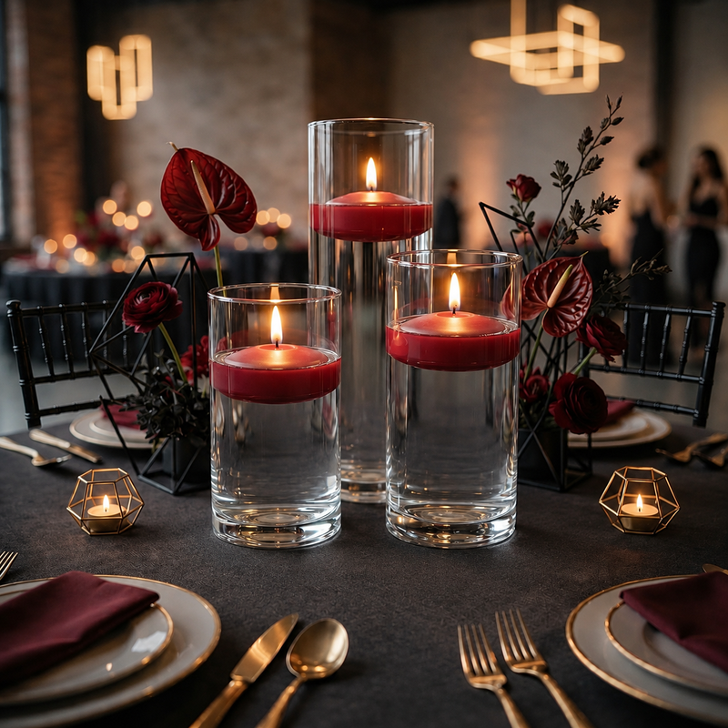 Three red floating candles in glass cylinders on a table setting - thumbnail number 4