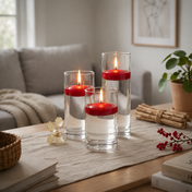 Three red floating candles in glass cylinders on a wooden table - thumbnail number 5