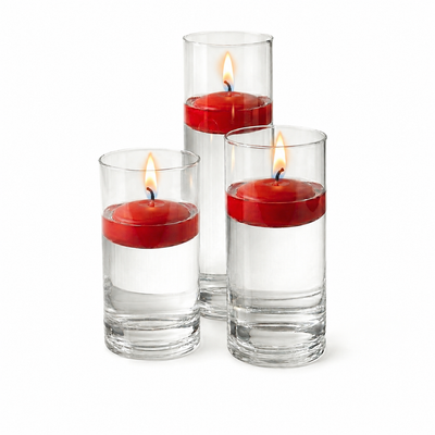 Three red lit floating candles in glass cylinders on a white background - thumbnail number 2