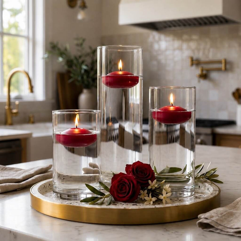 Cylinder Vase Centerpiece & Richland 3" Floating Candles Set of 18 - Red - thumbnail number 5