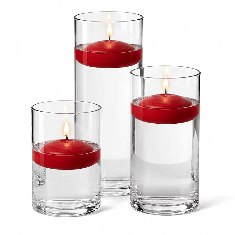 Cylinder Vase Centerpiece & Richland 3" Floating Candles Set of 36 - Red - thumbnail number 1