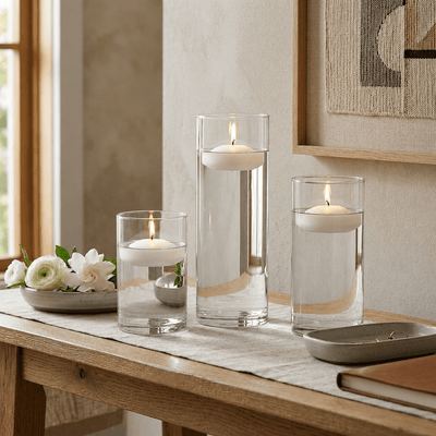 Cylinder Vase Centerpiece & Richland 3" Floating Candles Set of 36 - White - thumbnail number 3
