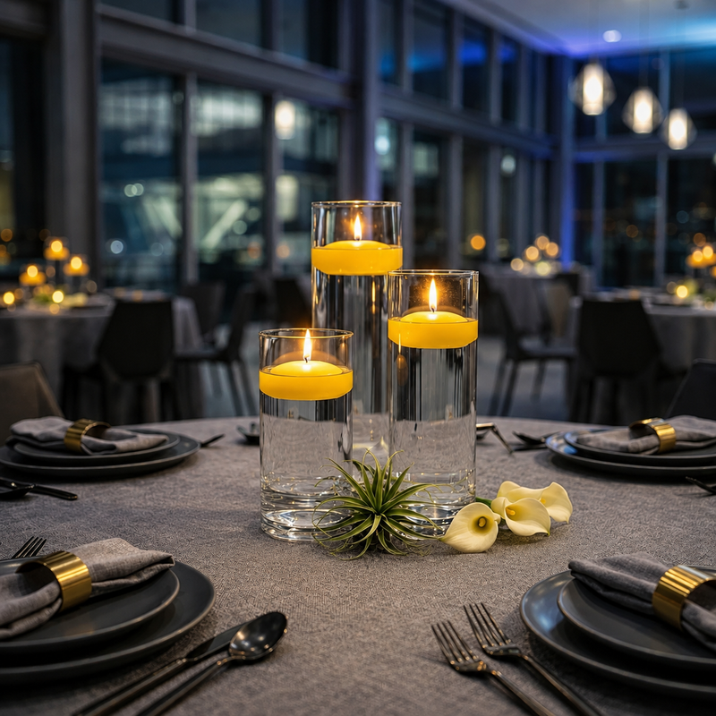 Three floating candles in glass cylinders as a table centerpiece - thumbnail number 3