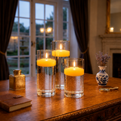 Three lit floating candles in glass cylinders on a wooden table - thumbnail number 5
