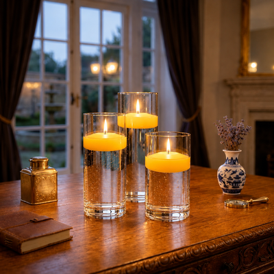 Three lit floating candles in glass cylinders on a wooden table - thumbnail number 5