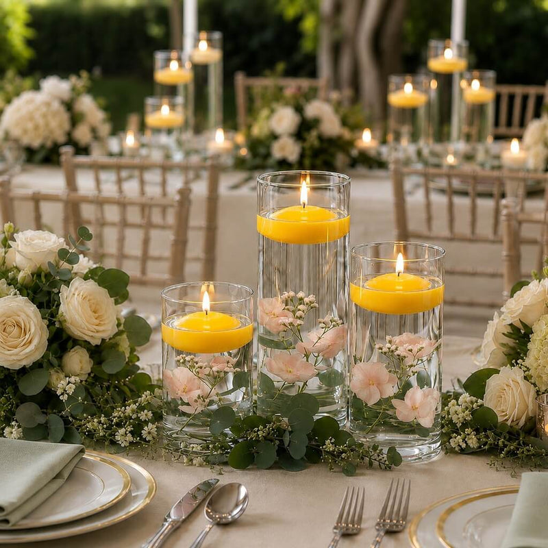 Cylinder Vase Centerpiece & Richland 3" Floating Candles Set of 18 - Yellow - thumbnail number 4