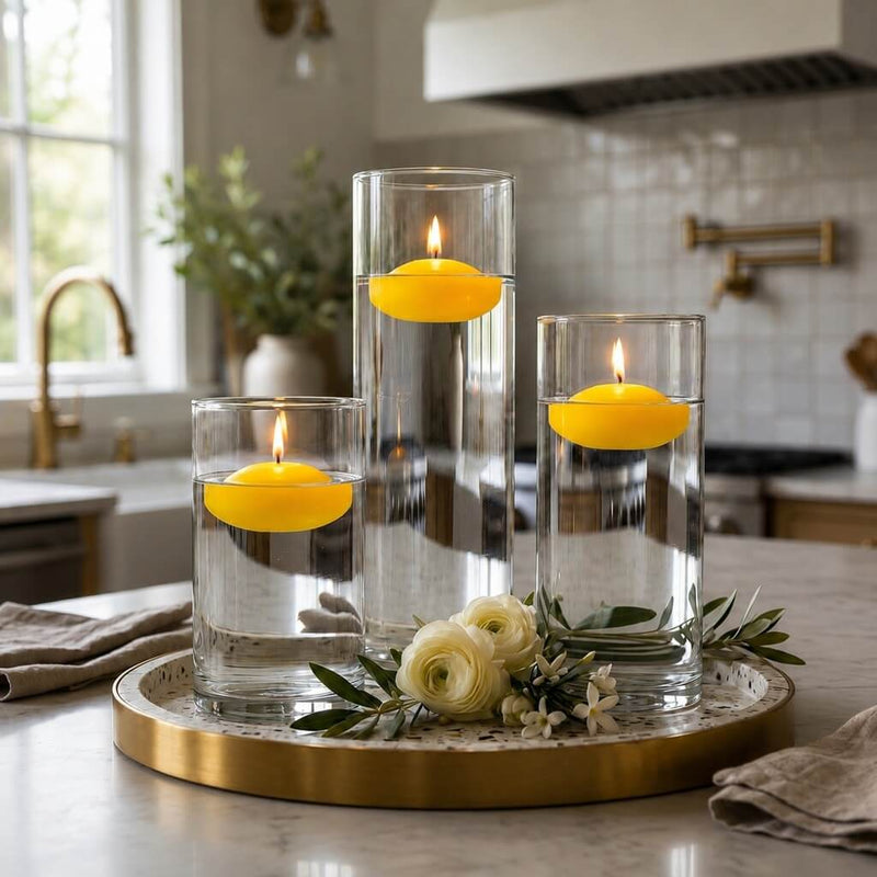 Cylinder Vase Centerpiece & Richland 3" Floating Candles Set of 18 - Yellow - thumbnail number 3