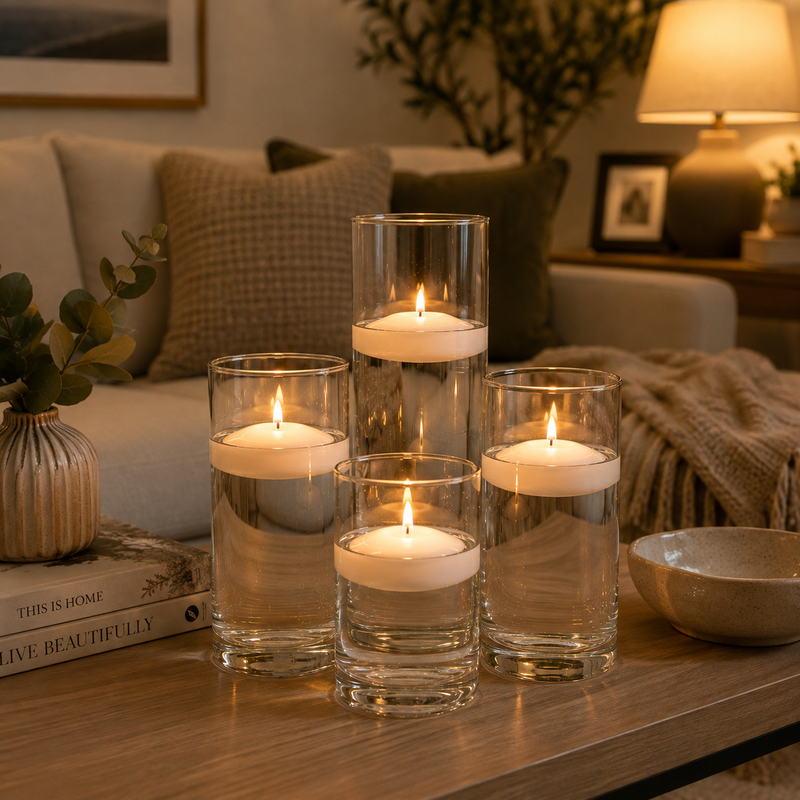 Eastland  Cylinder Vase Centerpiece & Richland 3" Floating Candles Set of 8 - White - thumbnail number 5