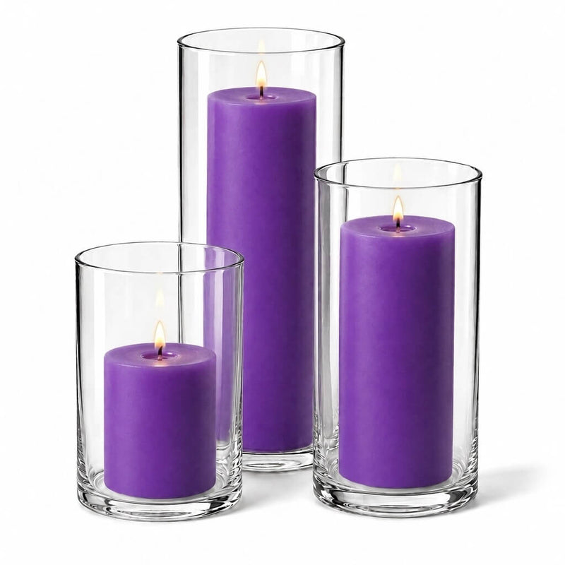 Richland Pillar Candles & Cylinder Vases Set of 3 - Purple - thumbnail number 2