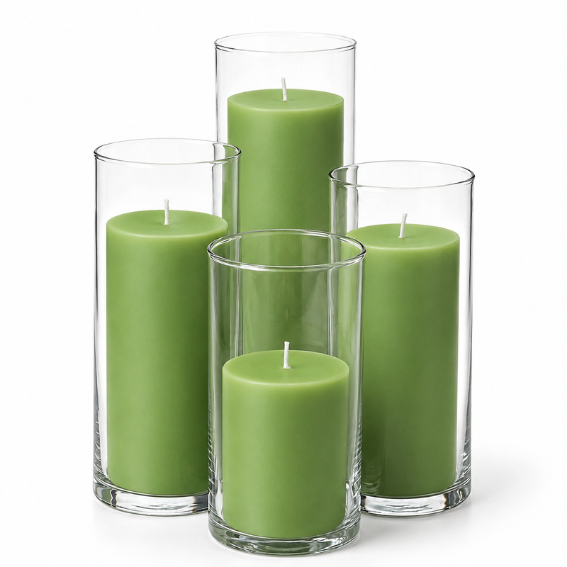 Richland Slim Pillar Candles & Cylinder Vases Set of 8 - Green - thumbnail number 1