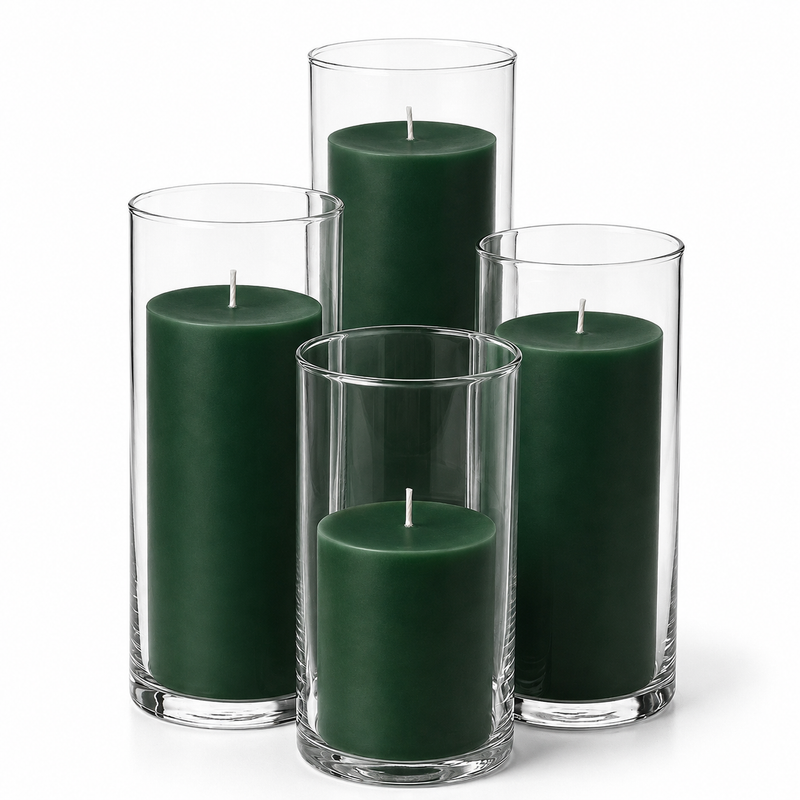 Richland Slim Pillar Candles & Cylinder Vases Set of 8 - Dark Green - thumbnail number 1