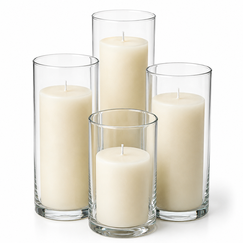 Richland Slim Pillar Candles & Cylinder Vases Set of 8 - Light Ivory - thumbnail number 1