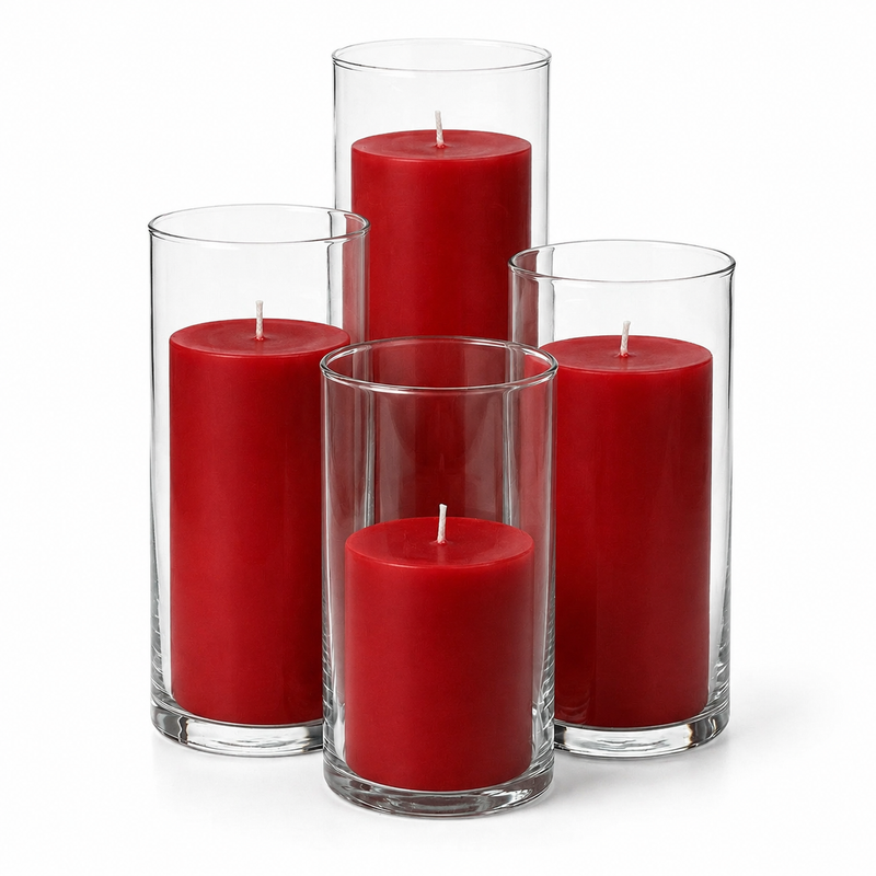 Richland Slim Pillar Candles & Cylinder Vases Set of 8 - Red - thumbnail number 1