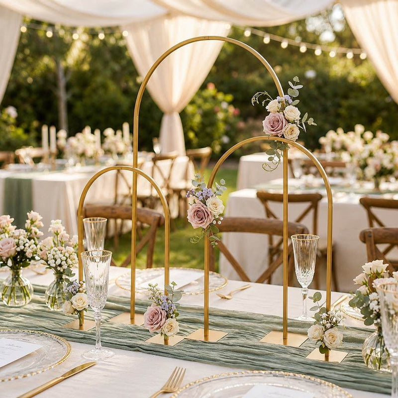 3-Piece Set Gold Metal Chiara Arch Centerpieces – Wedding Cake Flower Stand Frames 20", 23", 35" with Detachable Base - thumbnail number 5