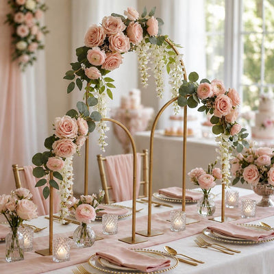 3-Piece Set Gold Metal Chiara Arch Centerpieces – Wedding Cake Flower Stand Frames 20", 23", 35" with Detachable Base - thumbnail number 2